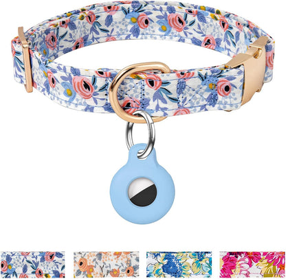 AirTag Dog Collar,Adjustable Dog Collars with AirTag Holder,Cute Puppy Collars with Metal Buckle, Soft Padded Blue Flower Patterns Pet Collar for Small Medium Large Dogs