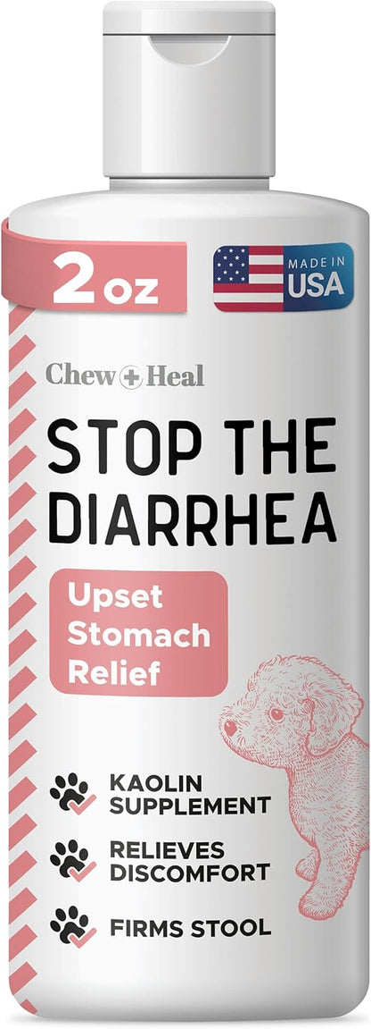 Chew + Heal Labs Anti Diarrhea for Dogs 2oz - Fast Relief Liquid Dog Diarrhea Supplement with Kaolin Pectin Formula - Effective Diarrhea Treatment and Dog Health Upset Stomach Supplement