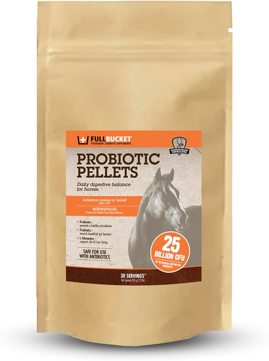 FullBucket Equine Probiotic Pellets with Saccharomyces boulardii for Horses Under Stress or for Horses with Digestive Issues - 25 Billion CFUs - 30 Servings