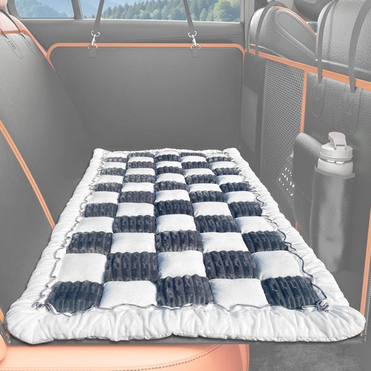 Dog Bed Mat for Car Backseat Extender, Non-Slip Plaid Pet Bed Mat for Car Back Seat Protector Cover, Furry Dog Couch Cover, Flannel Travel Dogs Mat for Cars, SUVs, Sedans. (51" x 24") (Grey, M)