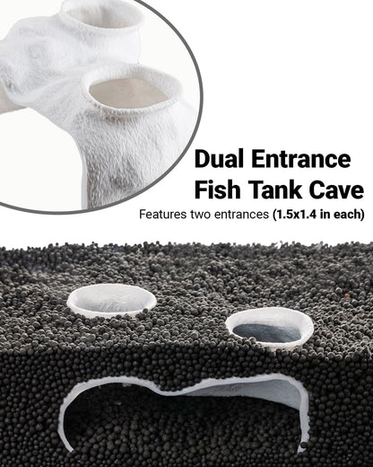 Dual-Entrance Rock-Texture Cave – Fish Tank Shelter & Aquarium Decor with 2 Tunnels, 6×3.4×2.3in (White)
