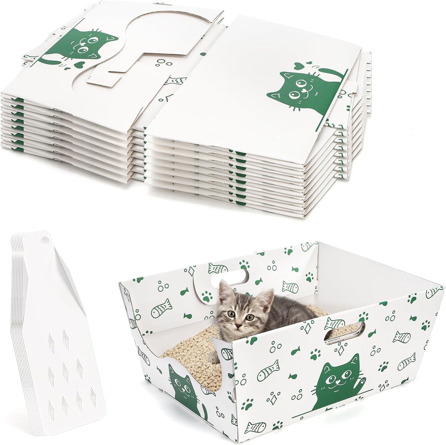 SOUJOY 8 Pack Disposable Cat Litter Box, Sturdy White Cardboard Litter Boxes with Scoop, Anti-Splashing Foldable Enclosed Travel Litter Tray for Cats Puppies Small Pets, 16" L x 12" W x 6.7" H