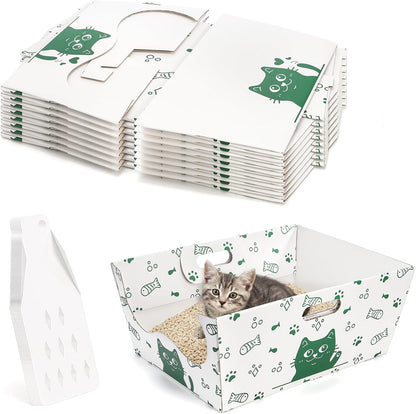 SOUJOY 8 Pack Disposable Cat Litter Box, Sturdy White Cardboard Litter Boxes with Scoop, Anti-Splashing Foldable Enclosed Travel Litter Tray for Cats Puppies Small Pets, 16" L x 12" W x 6.7" H