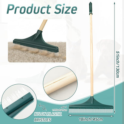 Lasnten 18'' Carpet Rake and Groomer with 54 Inch Wooden Handle, Large Carpet Brush for Fluff Matted, Remove Leaves, Shrubs, Pet Hairs, Debris from Turf