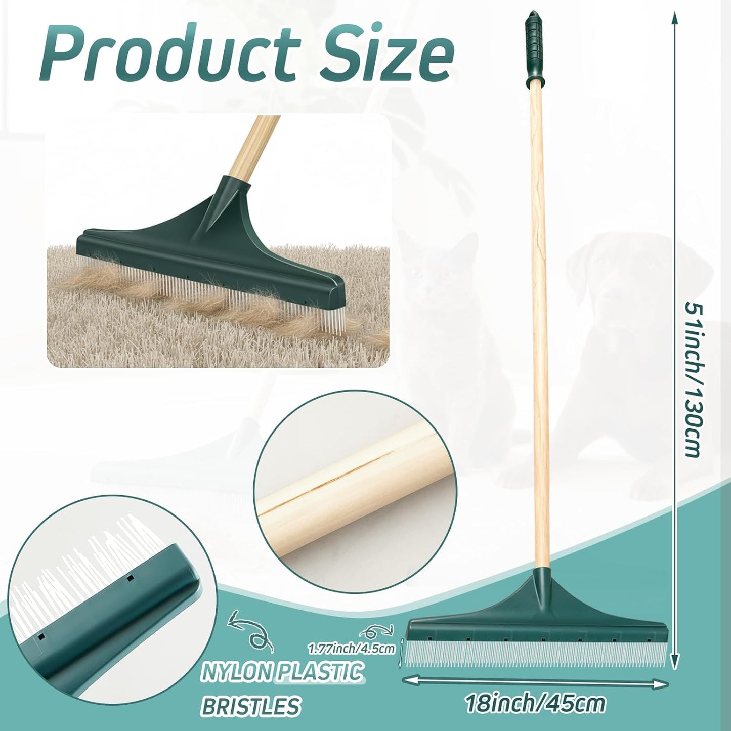 Lasnten 18'' Carpet Rake and Groomer with 54 Inch Wooden Handle, Large Carpet Brush for Fluff Matted, Remove Leaves, Shrubs, Pet Hairs, Debris from Turf
