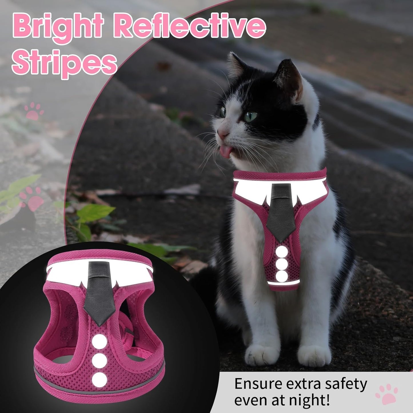 Cat Harness and Leash Set for Walking Escape Proof, Soft Adjustable Kitten Harness Breathable Mesh with Reflective Strips Harness for Kitty Puppy Bunny(Pink,XS)