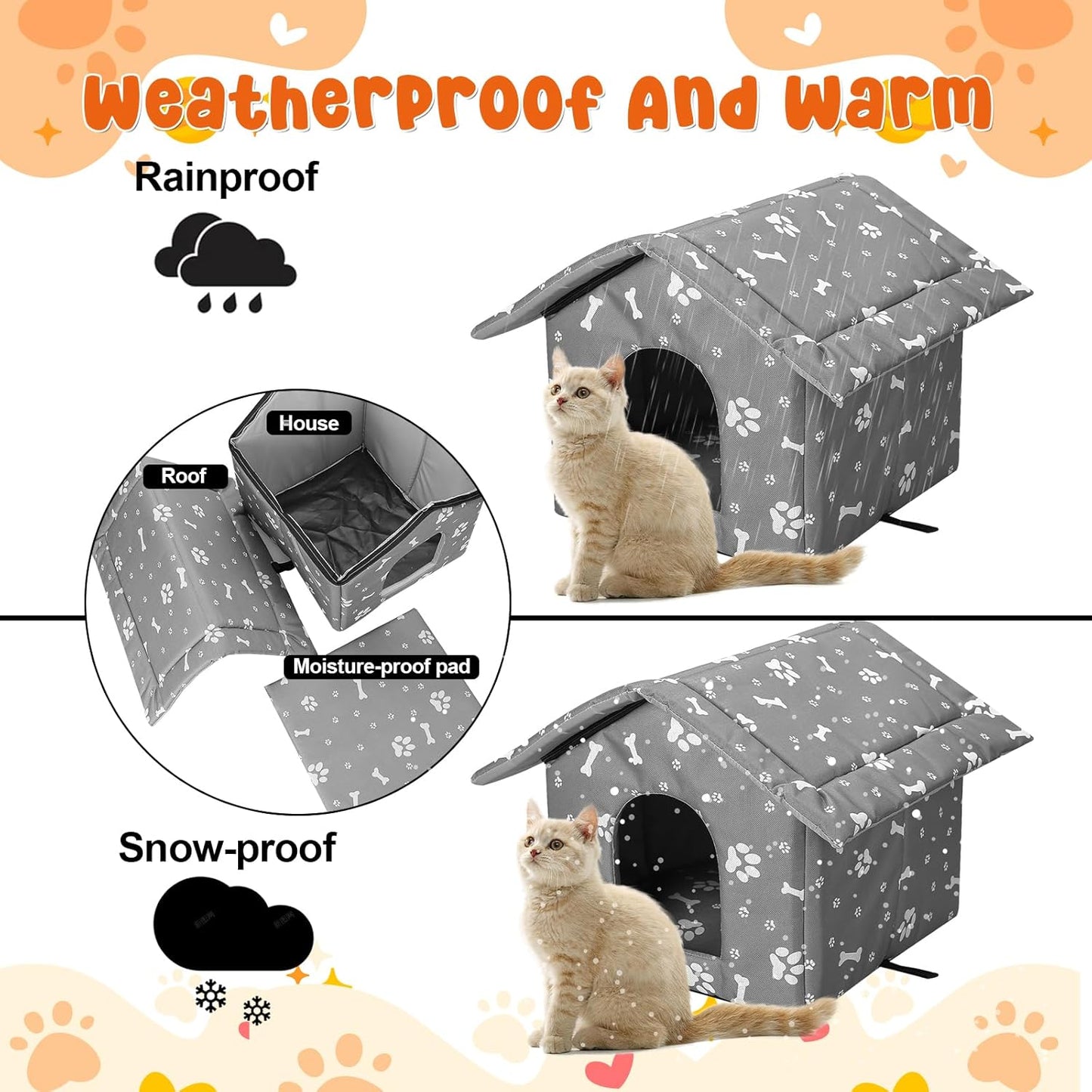 4Pcs Cat Houses for Outdoor Stray Cats Shelter Weatherproof Outdoor Cat House Indoor Foldable Warm Pet Cave with Paw Print for Feral Cat Dog Winter Wild Animal(Grey, Small)