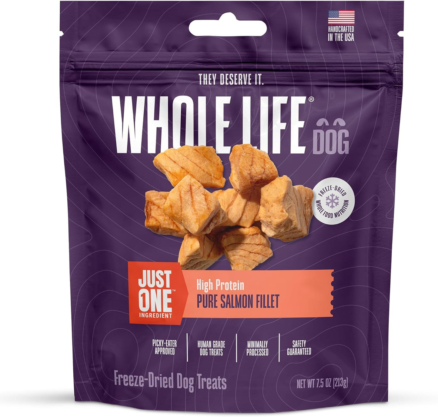 Whole Life Dog Just One Salmon Freeze Dried Dog Treats - Human Grade High Protein Food, Healthy Training Snacks, Freeze Dried Salmon Food Toppers, USA Made Natural Treats - 7.5 oz (Value Pack of 1)