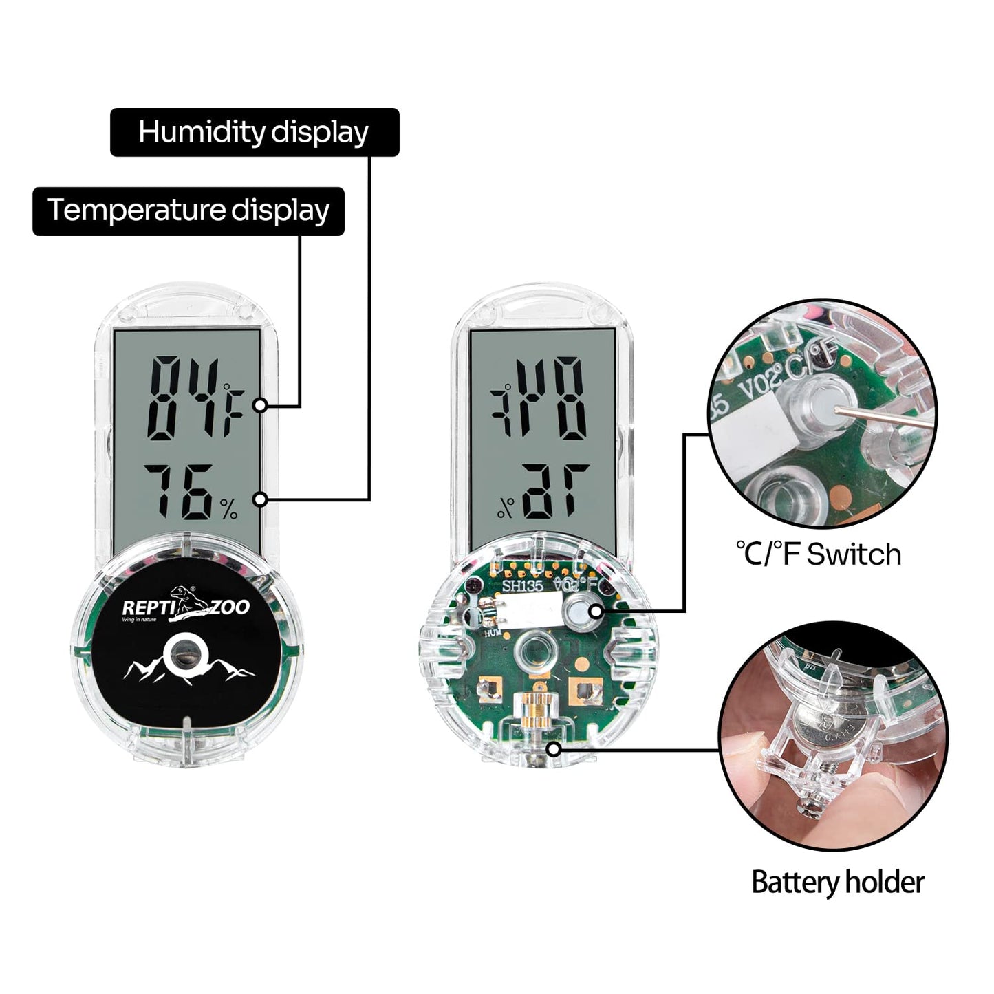 REPTI ZOO Upgraded Reptile Terrarium Thermometer Hygrometer,Digital Pet Temperature and Humidity Gauge with Suction Cup for Reptile Rearing Box Tank,4-Sides Mounting