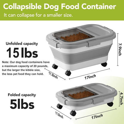 15 Lbs Dog/Cat Food Storage Container,Collapsible Food Storage Containers with Rolling Wheel Airtight Locking Lid,Pet Food Storage Container with Cup and Scoop,Grey