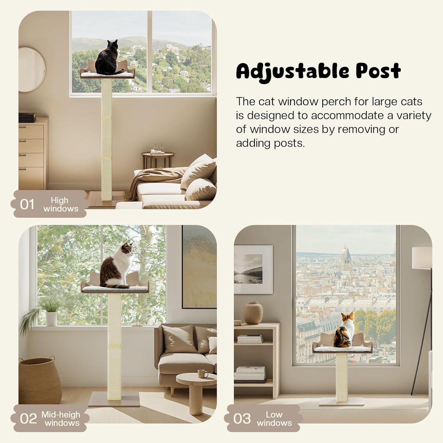 Cat Window Perch with Thick Sisal Scratching Post, Cats Hammock for Window with 3 Upgrade Suction Cups, 55" Adjustable Tall Cat Scratching Post with Large Perch, Cats Window Bed with Fluffy Cushion