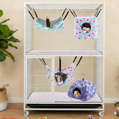 8 in 1 Winter Rat Cage Accessories Guinea Pig Hammock Ferret Cave Beds Guinea Pig Hideout Washable Soft Hamster Toys Hanging Tunnels Mats Curtains for Christmas Small Animals Pet Bunny Gifts