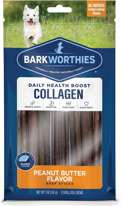 Barkworthies Peanut Butter Collagen Sticks - 6 Inch 8 Count (Pack of 1) - Flavorful, Single Ingredient, Long-Lasting