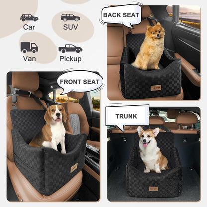 JOEJOY Elevated Dog Car Seat for Small/Medium Dogs up to 35 lbs, Memory Foam Booster Seat with Detachable Washable Cover, Travel-Safe Car Bed with Safety Belts & Storage Pockets, Black