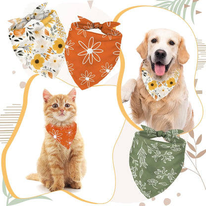 Whaline 4Pcs Boho Pet Bandanas Spring Daisy Dog Scarf Washable Adjustable Triangle Dog Bibs Puppy Neckerchief for Cat Pet Birthday Costume Accessories