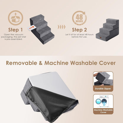 EHEYCIGA Dog Stairs for Bed 18" H, 4-Step Dog Steps for High Bed, Pet Steps for Small Dogs and Cats, Non-Slip Balanced Pet Ramp Indoor, Grey