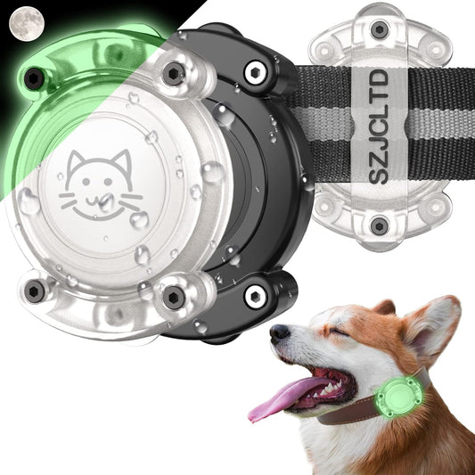 IPX8 Waterproof Airtag Dog Collar Holder, Protective Anti-Chew Anti-Scratch Hard PC Luminous Air Tag Case Mount with Anti-Lost Screws for Apple Airtag