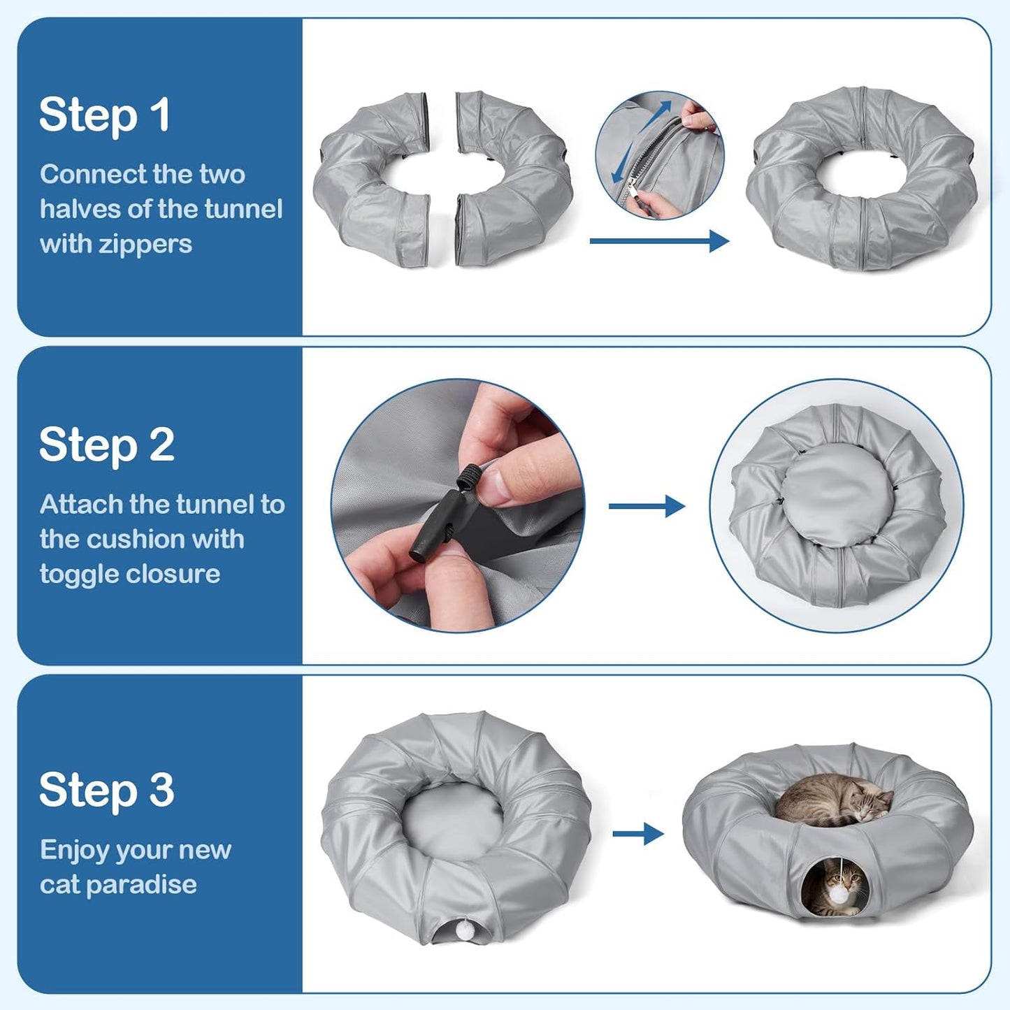 Odoland Cat Play Tunnel with Bed - Indoor Kitten Couch, Detachable Cats Cave Donut Tunnel & Interactive Cats Toys for Indoor Cat Puppy Rabbit and Ferret Grey