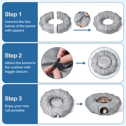 Odoland Cat Play Tunnel with Bed - Indoor Kitten Couch, Detachable Cats Cave Donut Tunnel & Interactive Cats Toys for Indoor Cat Puppy Rabbit and Ferret Grey