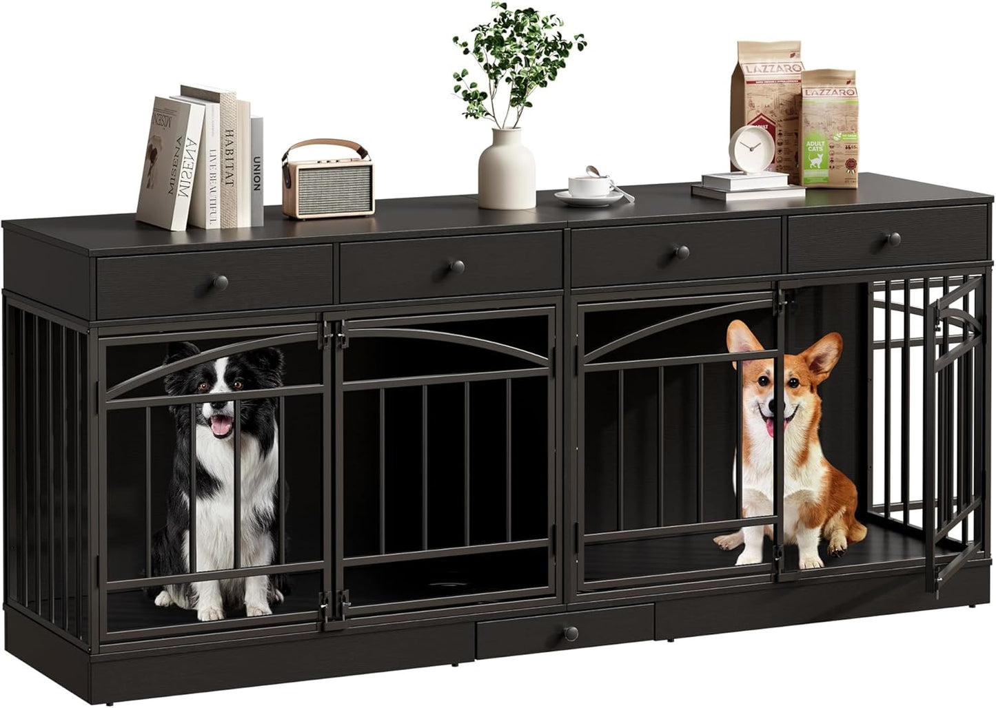 GarveeHome Dog Crate Furniture for 2 Dogs, Dog Kennel Indoor with 4 Storage Drawers and Feeding Bowls, Double Dog Crate TV Stand for Small Medium Dogs, Black