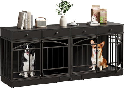 GarveeHome Dog Crate Furniture for 2 Dogs, Dog Kennel Indoor with 4 Storage Drawers and Feeding Bowls, Double Dog Crate TV Stand for Small Medium Dogs, Black