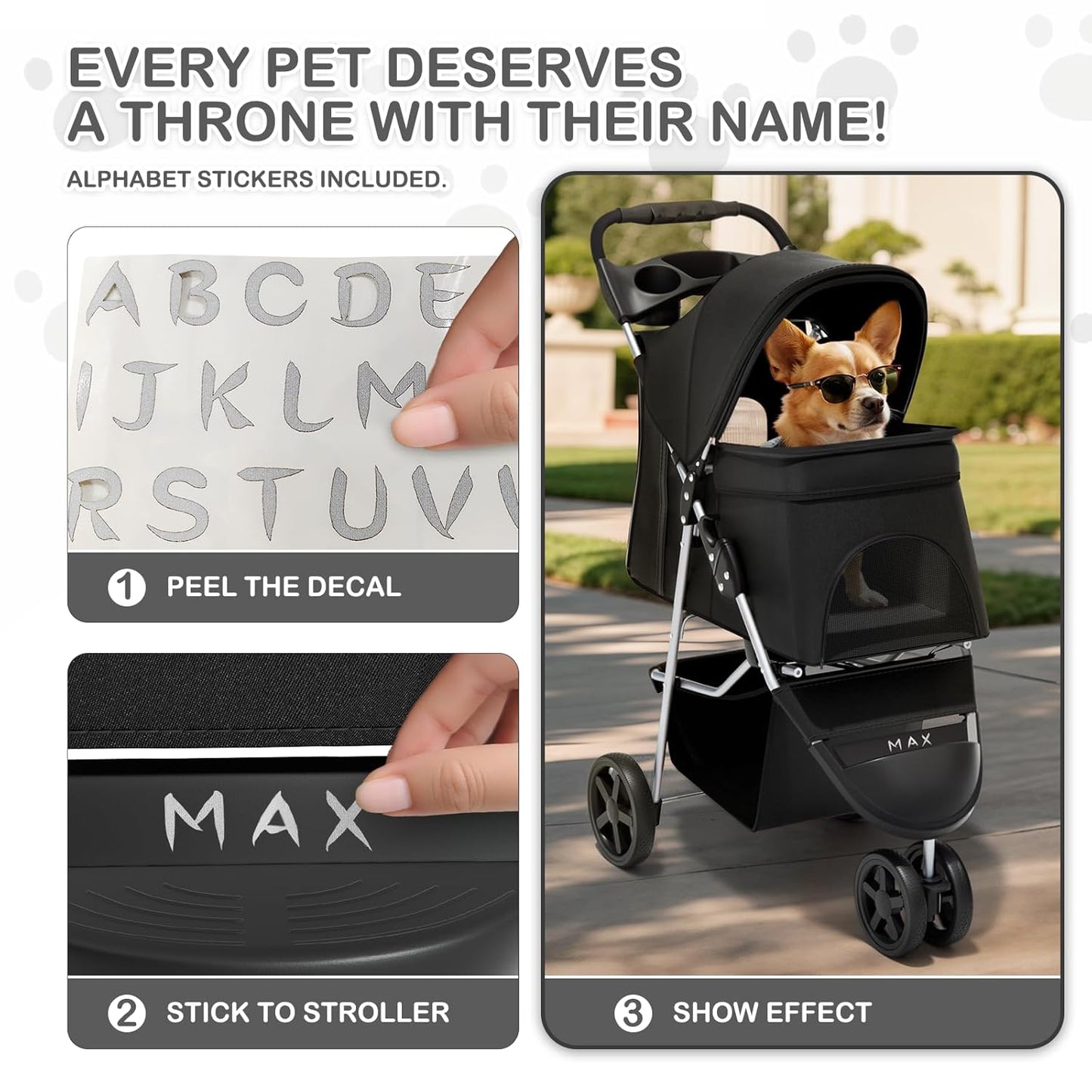 MoNiBloom Foldable Pet Stroller with Weather Cover, 3 Wheels Pet Strolling Cart for Small/Medium Dogs and Cats with Storage Basket and Cup Holder, Breathable and Visible Mesh for All-Season, Black