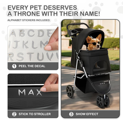 MoNiBloom Foldable Pet Stroller with Weather Cover, 3 Wheels Pet Strolling Cart for Small/Medium Dogs and Cats with Storage Basket and Cup Holder, Breathable and Visible Mesh for All-Season, Black