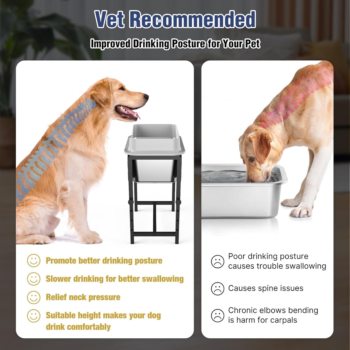 4-Height Adjustable Elevated Dog Water Bowl with Splash Guard, 2.5 Gallon No-Spill Large Capacity Raised Dog Water Bowl for Large & Medium Dogs, Non-Slip Stainless Steel Stand & Easy to Clean