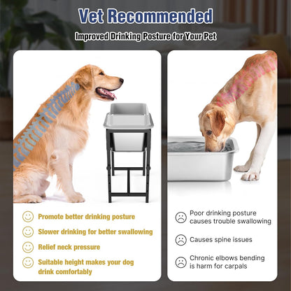 4-Height Adjustable Elevated Dog Water Bowl with Splash Guard, 2.5 Gallon No-Spill Large Capacity Raised Dog Water Bowl for Large & Medium Dogs, Non-Slip Stainless Steel Stand & Easy to Clean