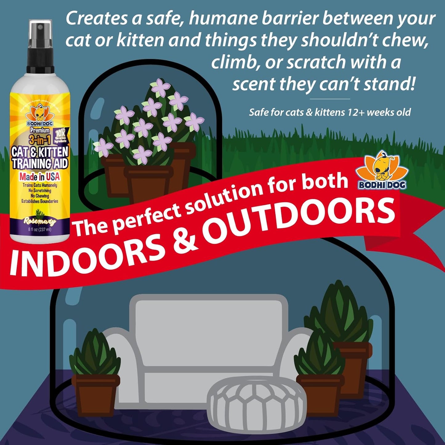 Bodhi Dog 3-in-1 Cat & Kitten Training Aid - Cat Deterrent Spray for Indoor and Outdoor Use - Protect Furniture, Rugs and Plants - Establish Boundaries & Keep Felines Off - Made in USA (8 Fl Oz)