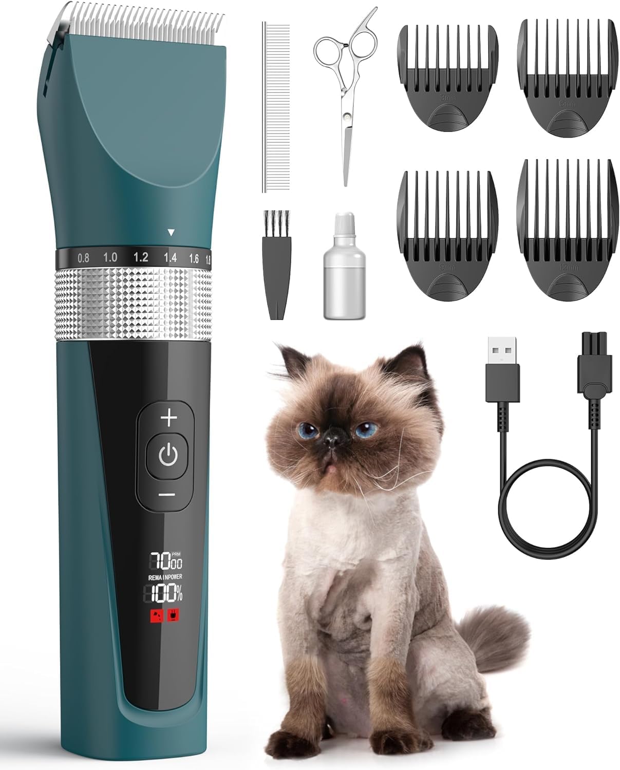 oneisall Cat Clippers for Matted Hair, 5-Speed Quiet Cat Grooming kit, Cordless Pet Shaver for Long Hair,Waterproof Pet Hair Trimmer, Pet Clippers for Cats(Green)
