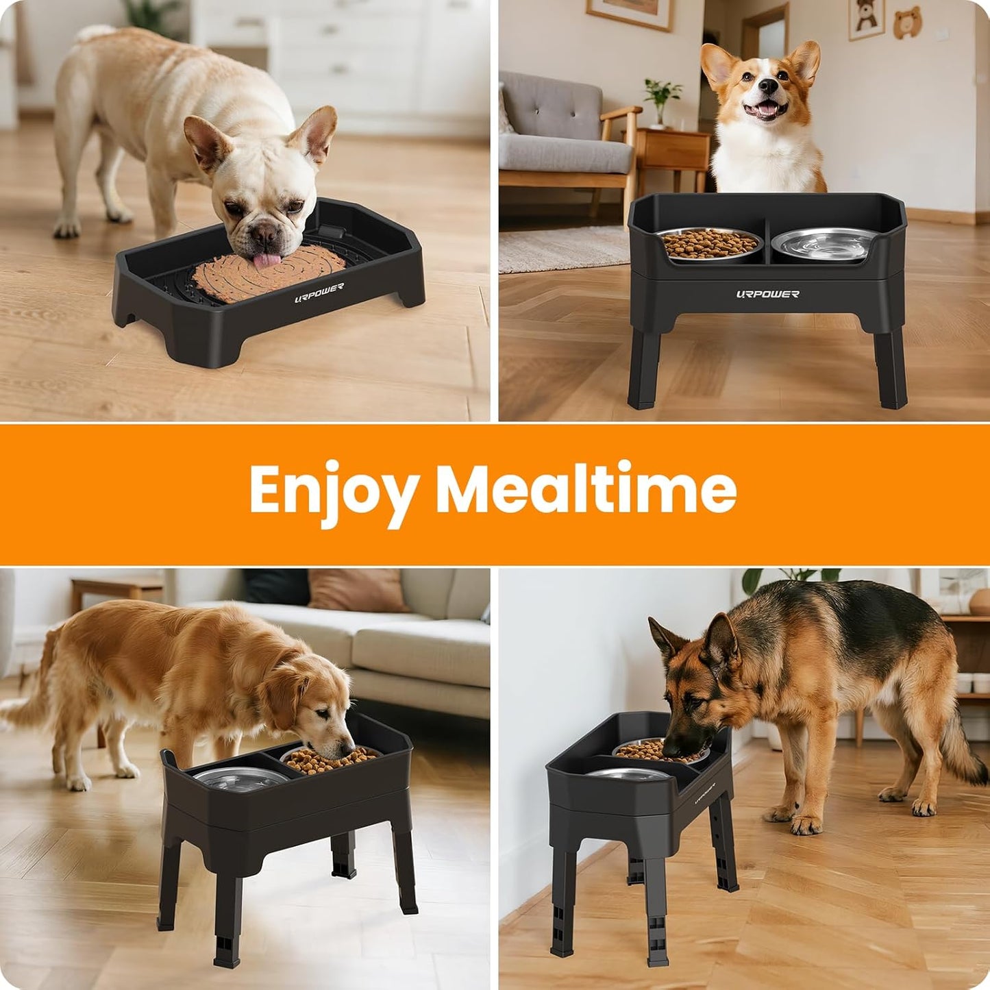 URPOWER 3-in-1 Elevated Dog Bowls - Mess Proof Double Deck 4 Height Adjustable Raised Stand with 2 Stainless Steel Food Bowls & Licking Plate for Small, Medium & Large Dogs