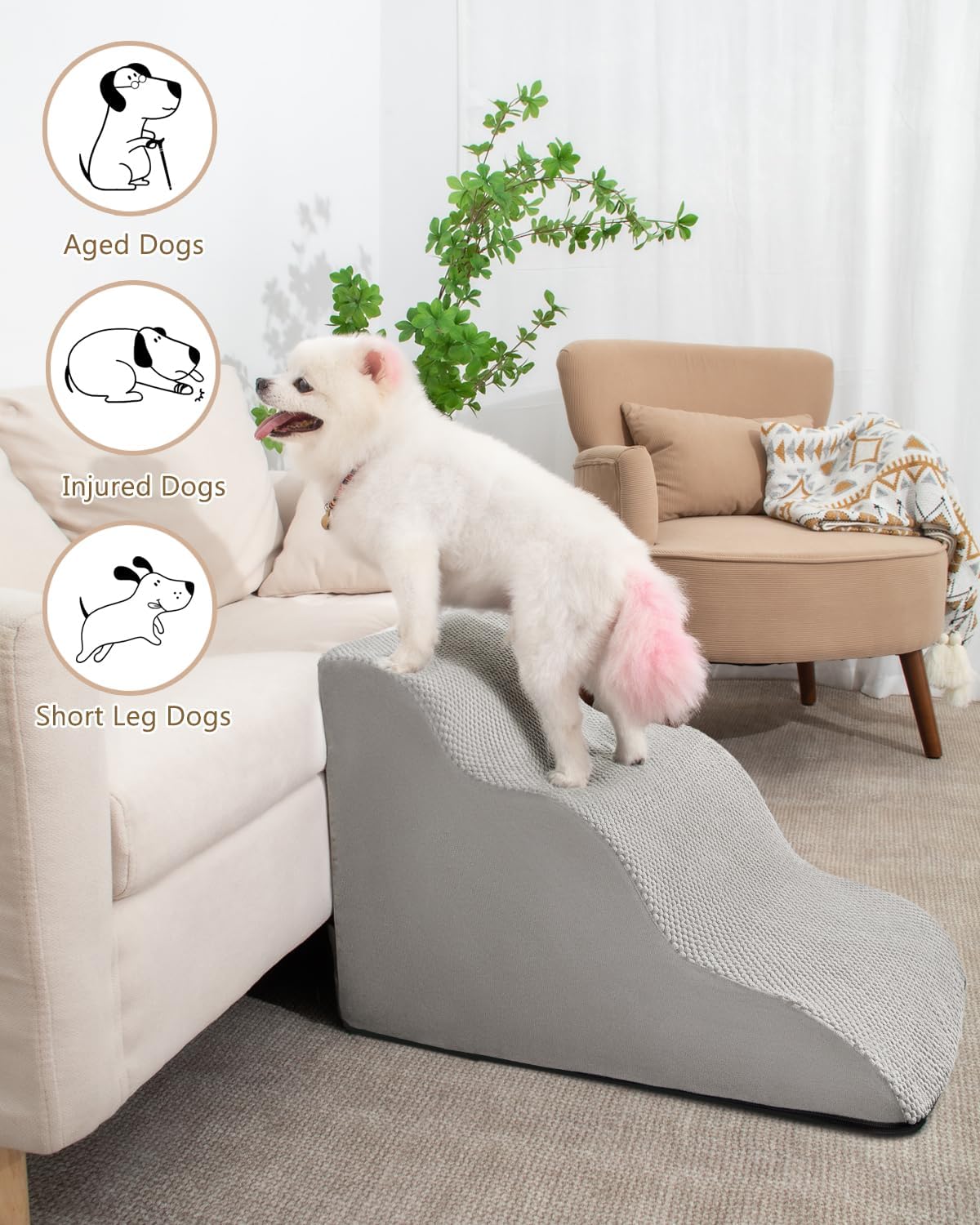 Dog Stairs for Small Dogs,3 Step Dog Ramp for Couch and Bed,Pet Stairs with Non-Slip Bottom for Old Cats,Indoor Pet Steps,Comfort,Durable,15.4" H,Light Grey