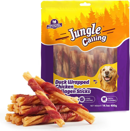 Jungle Calling Dog Treats, Duck Wrapped Chicken Collagen Sticks for Small Medium Dogs, Digestible Rawhide Alternative Dog Chews, Dental Bones for Teeth Cleaning, Like Bully Sticks, Less Smell, 14.1oz