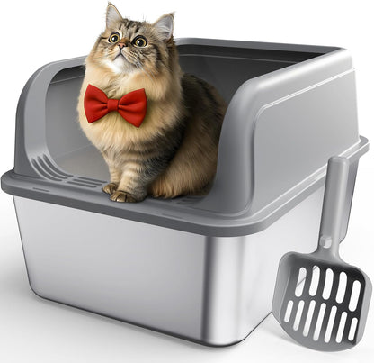 Stainless Steel Cat Litter Box, Metal Kitty Litter Box with Scoop, Anti-Leakage Top Entry, Non-Sticky, Easy to Clean, Grey, S (1 Pack)