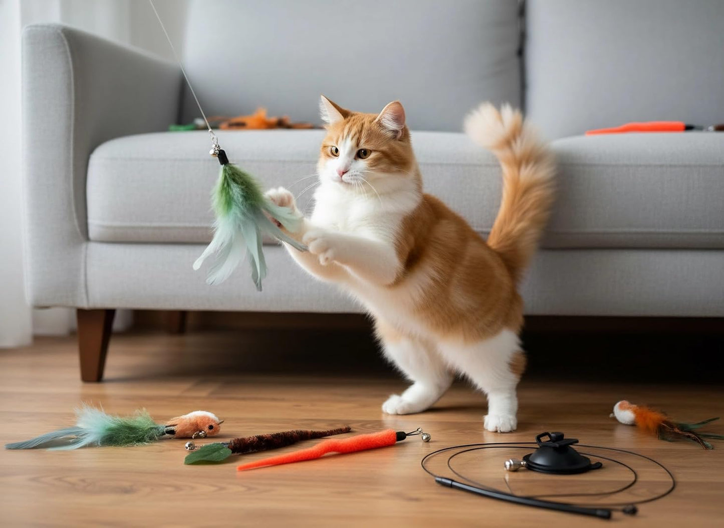 9 Pcs Interactive Cat Feather Toys for Indoor Self Play & Exercise, Cat Wand Toy, 2 Play Modes Kitten Teaser Wand, Reusable Suction Cup Kitten Toys