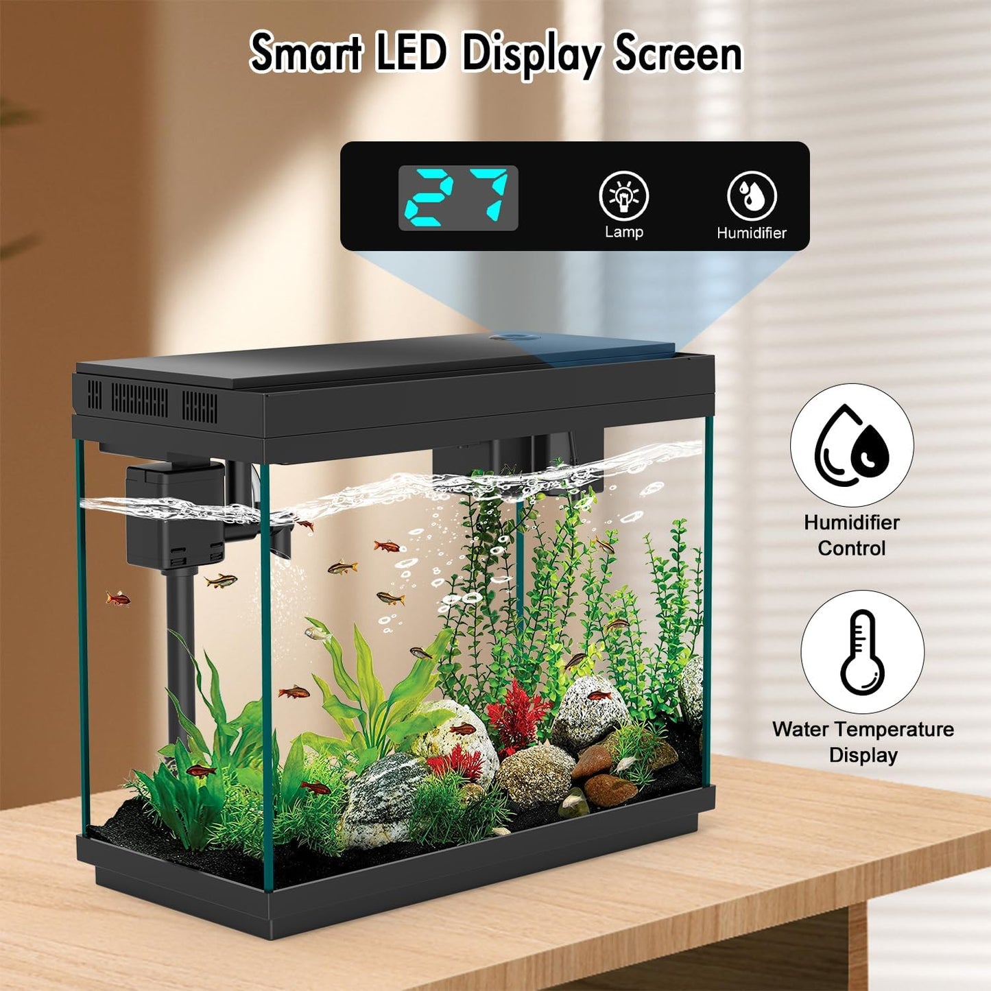 Smart Aquarium Fish Tank with Silent Water Pump, 2.4 Gallon Small Aquarium with Quick Start Kit, Temperature Display, Humidifier and RGB Lights, Perfect for Home, Office, and Decor