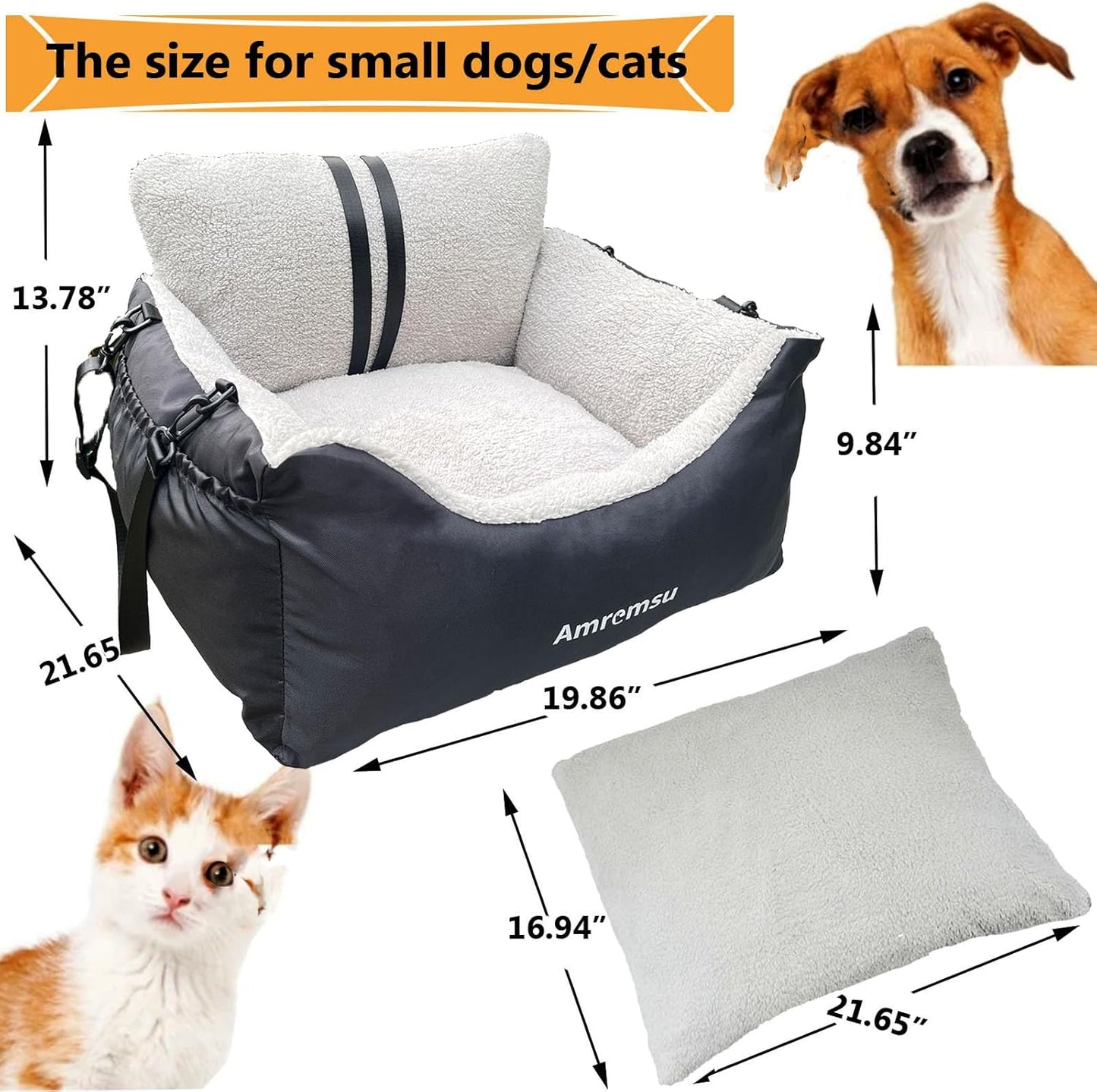 Small Dogs Car Seat,Fully Detachable and Washable Ultra Soft Car Travel Bed, with Clip-on,Two Portable Handle and Storage Pockets Puppy Dog Booster Seats,Portable DogCar Travel Carrier Bed