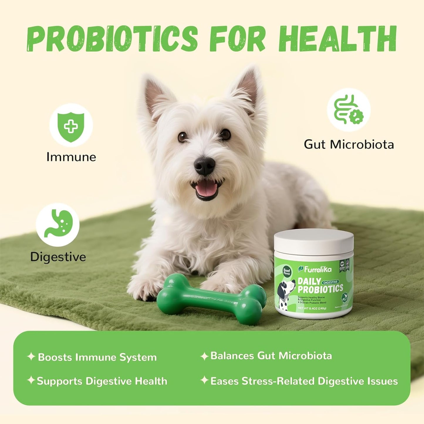 Furrolika Probiotics for Dogs – Made in The USA – Digestive Probiotics for Gut Health, Immune Support & Diarrhea Relief – Beef Flavor – 60 Soft Chews
