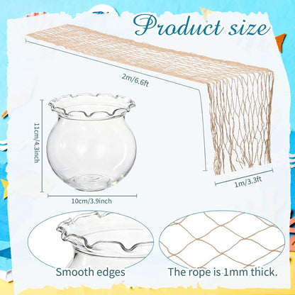 SATINIOR Mini Plastic Fish Bowl with Fish Net Decor, 6 Small 0.18 Gallon Lace Bubble Bowl Pair with 6 Fishnet, for Ocean-Themed Aquarium Hawaiian Parties Banquets Mediterranean Style