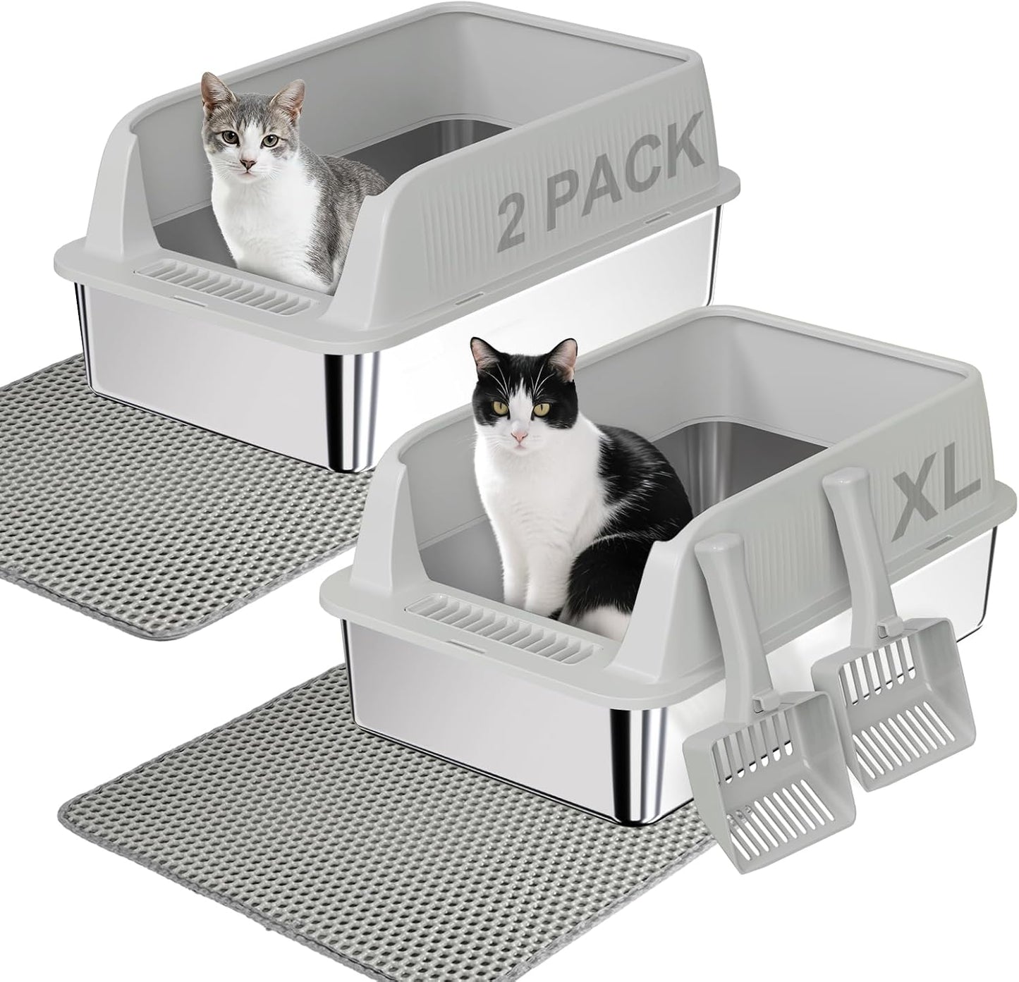 TENTIZON 2 Pack Stainless Steel Cat Litter Box with Lid, Open Top Large Metal Kitty Litter Pan with High Side, Litter Mat, Scoop for Kitten, Multi-Cats Home, Odor Control, Leak Proof, Easy Clean