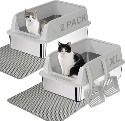 TENTIZON 2 Pack Stainless Steel Cat Litter Box with Lid, Open Top Large Metal Kitty Litter Pan with High Side, Litter Mat, Scoop for Kitten, Multi-Cats Home, Odor Control, Leak Proof, Easy Clean