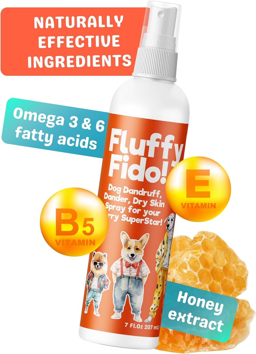Dog Dandruff Treatment & Dry Skin Relief Dog Spray - Fluffy Fido Unscented No Rinse Pet Dander Spray with Vitamin B, Omega 3 & 6 & Honey Extract - 7 fl. oz.