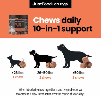 JustFoodForDogs 10-in-1 Multifunctional Supplement Chews for Dogs, Superfood Blend, Glucosamine, Omega-3 Fatty Acids, Skin Health, Joint Health, Probiotics, Plant-Based, Human Grade - 45 Count