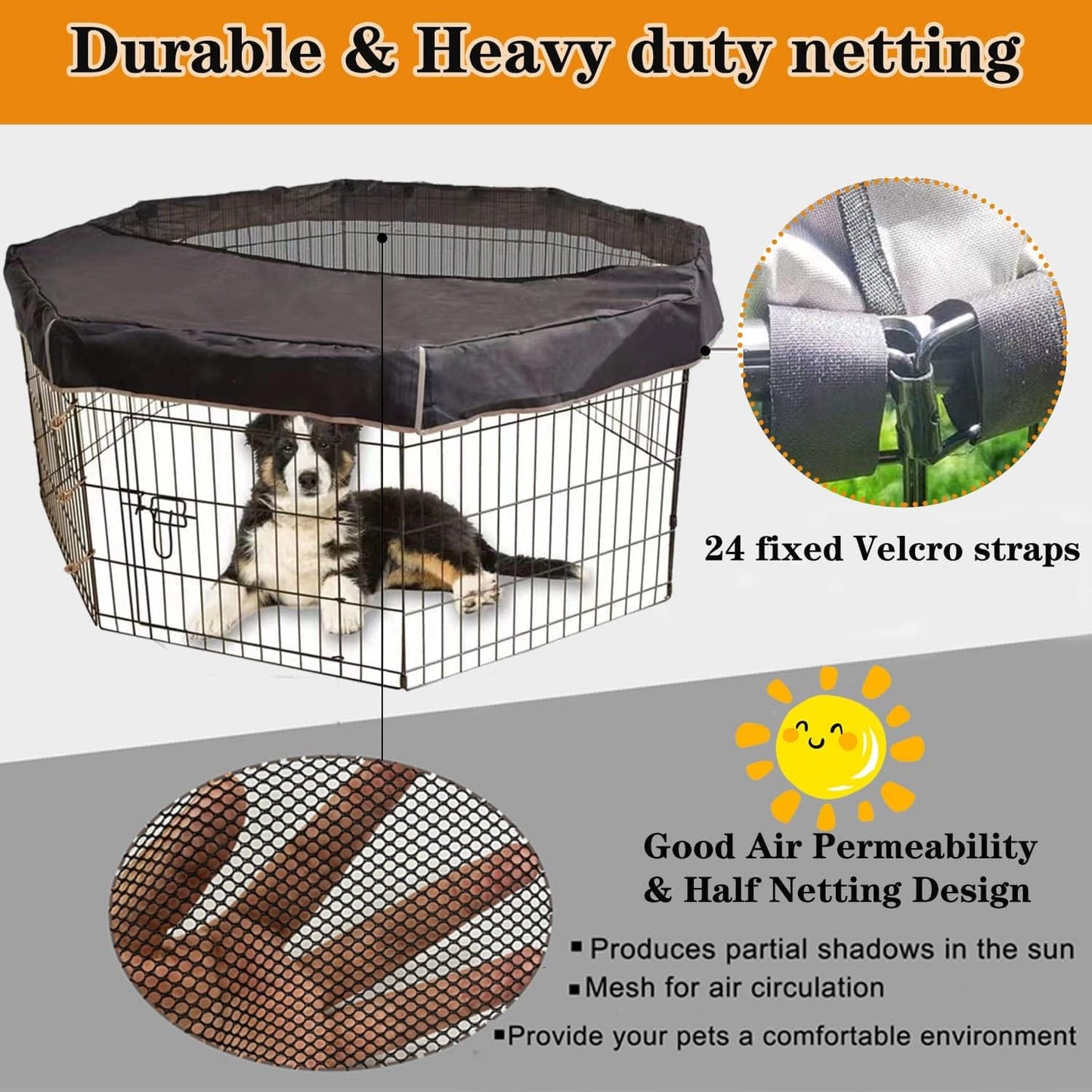 Dog Pen Cover fits All 24" Wide 8 Panels Pet Exercise Pen with Durable Fabric & Mesh Netting, Provide Shade & Security, Dog Playpen Top Cover Indoor Outdoor, Easy to Assemble, Black