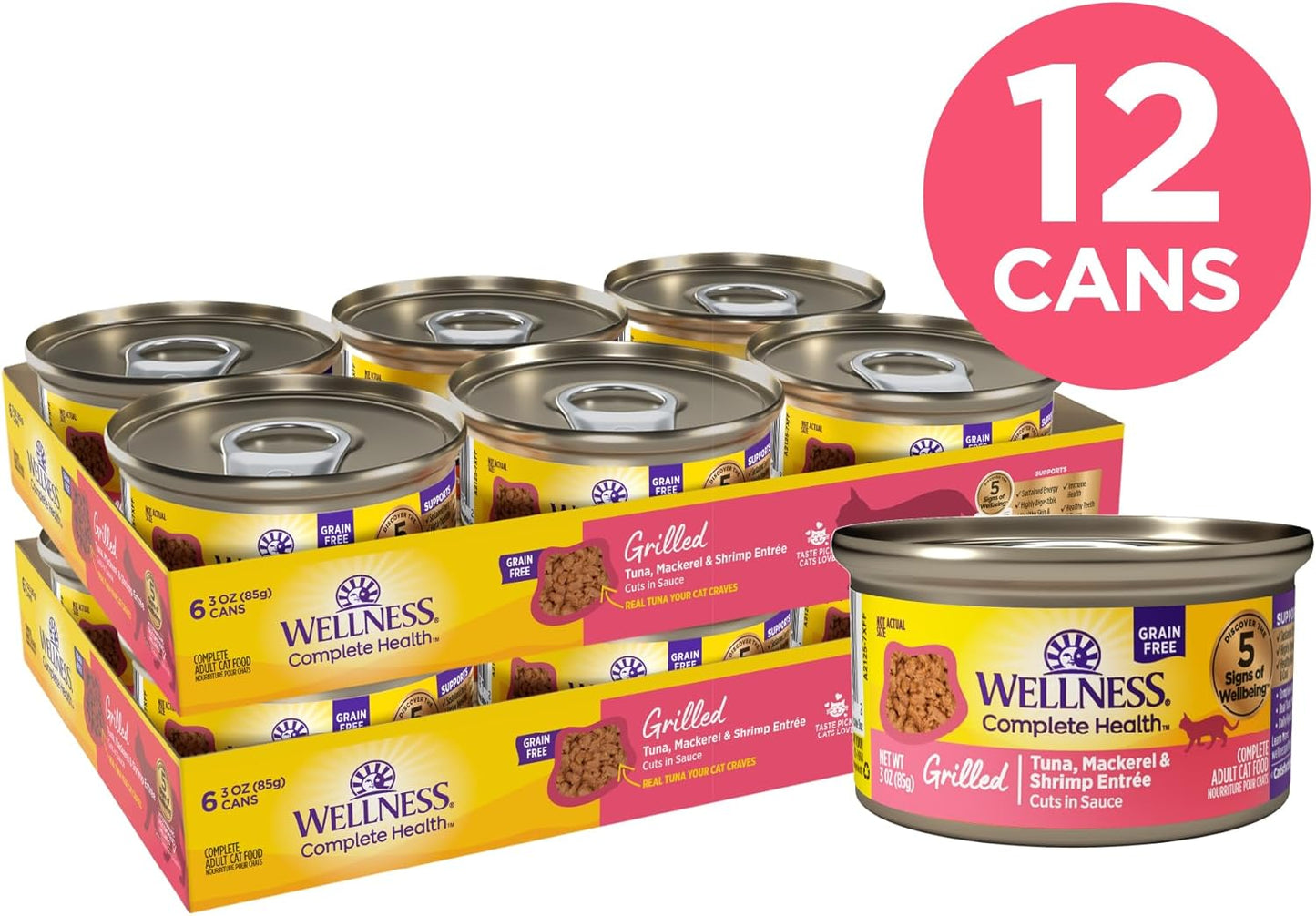 Wellness Complete Health Grilled, Adult Wet Cat Food, Natural, Protein-Rich, Grain-Free, Canned, 3 Ounce, 12 Pack, (Tuna, Mackerel & Shrimp Entrée Recipe)