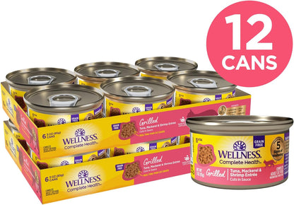 Wellness Complete Health Grilled, Adult Wet Cat Food, Natural, Protein-Rich, Grain-Free, Canned, 3 Ounce, 12 Pack, (Tuna, Mackerel & Shrimp Entrée Recipe)