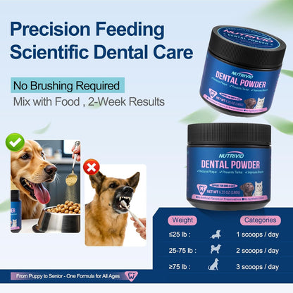Cat Dog Dental Powder - Dog Teeth Cleaning Powder for Bad Breath Treatment, Plaque Off and Tartar Remover, Healthy Mouth for Dogs with Probiotics, Pet Dental Care - 6.35oz 180g