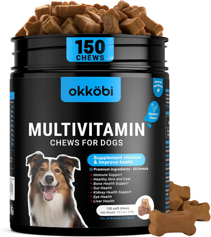 Dog Vitamins and Supplements - 150 Dog Multivitamin Chewable - Immune, Joint Support, Skin, Gut Health + Packed with Omega 3s, Glucosamine & Probiotics - Safe for Puppy - Chicken