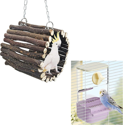 BNOSDM Wooden Bird Tunnel Parrot Swing Toys Natural Hanging Nest and BNOSDM No Mess Bird Cage Feeders Automatic Feeder for Fincheses, Parakeets, Budgies, Lovebirds, Cockatoos, Canaries (Purple)
